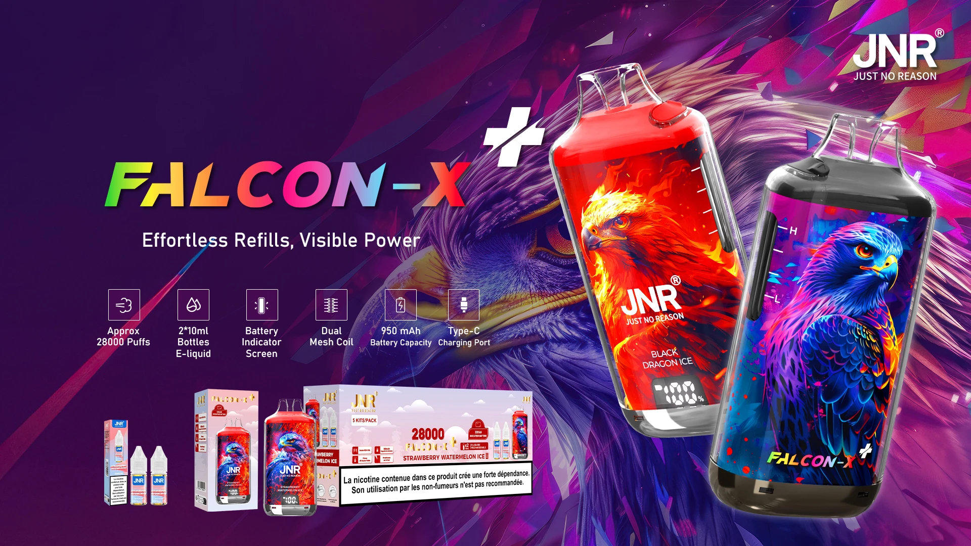 JNR Falcon X Plus 28K kit pod rechargeable design compact avec écran batterie et réservoir transparent